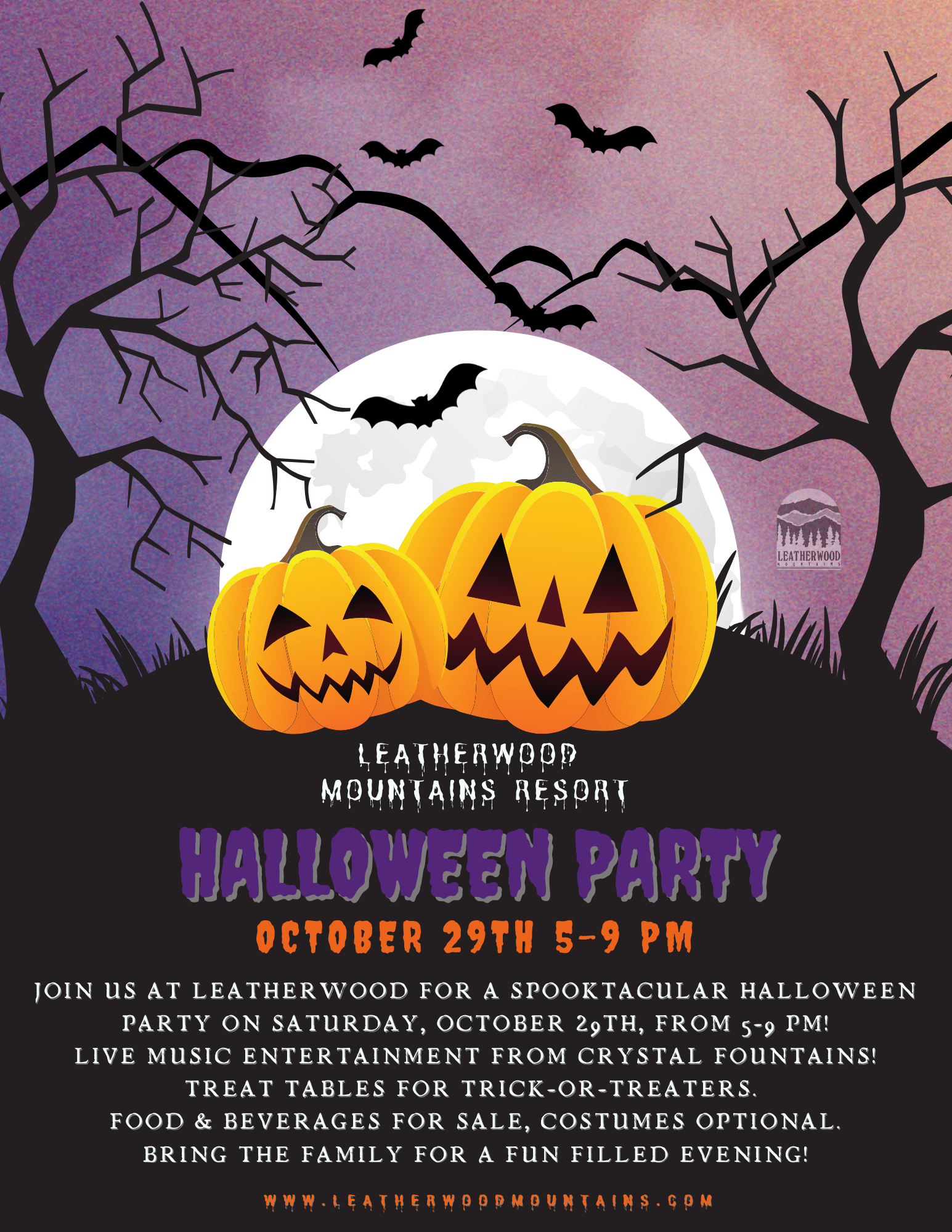Join us at Leatherwood for a spooktacular Halloween Party on Saturday, October 29th, from 5-9 pm! Live Music entertainment from Crystal Fountains! Treat tables for trick-or-treaters. Food & Beverages for sale, Costumes optional. Bring the family for a fun-filled evening!